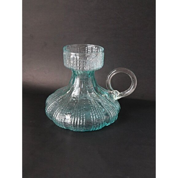 MCM Mid Century Scandinavian Art Glass Carafe Pitcher Aqua Blue Applied Handle - Picture 6 of 6